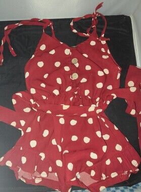 Source Unknown Red Polka Dot Girls Romper with Tie Straps